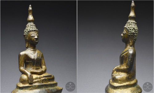 Laos, XVIIIème siècle, Bouddha en position bumisparsha mudra, Bronze anciennement laqué et doré