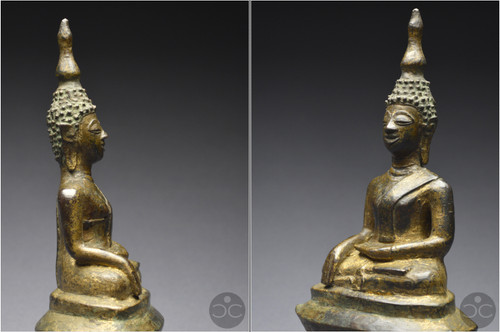 Laos, XVIIIème siècle, Bouddha en position bumisparsha mudra, Bronze anciennement laqué et doré