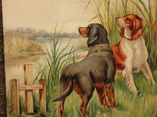 Spaniel hunting dogs in the marshes oil on panel signed