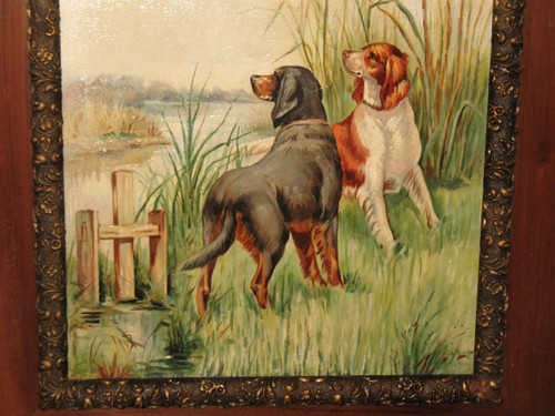 Spaniel hunting dogs in the marshes oil on panel signed