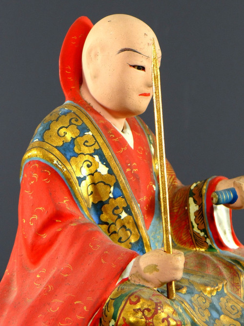 Japan, Early 20th Century, Wooden And Polychrome Plaster Statue Of The Nichiren Monk Shonin.