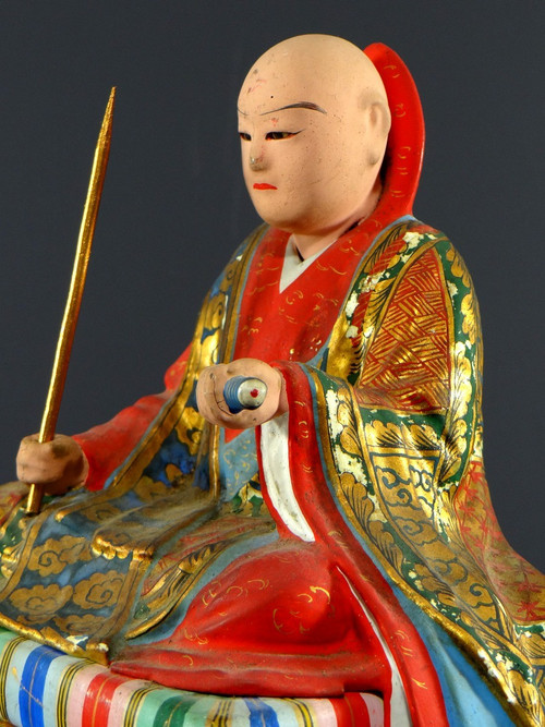 Japan, Early 20th Century, Wooden And Polychrome Plaster Statue Of The Nichiren Monk Shonin.