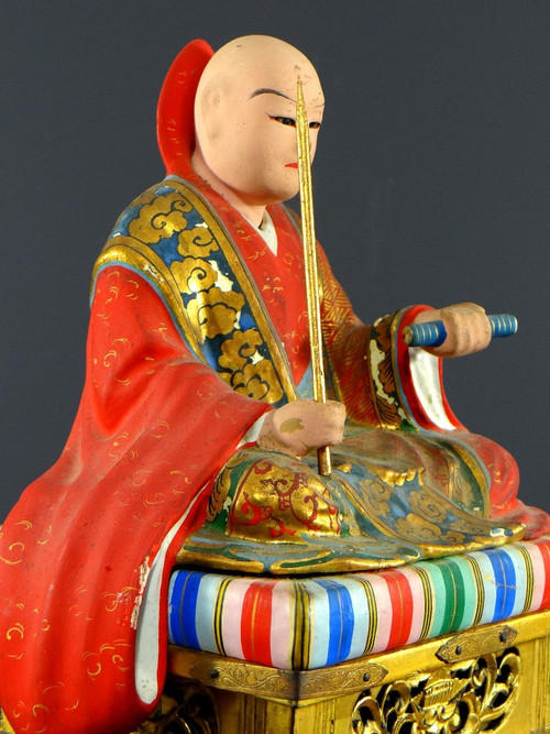 Japan, Early 20th Century, Wooden And Polychrome Plaster Statue Of The Nichiren Monk Shonin.