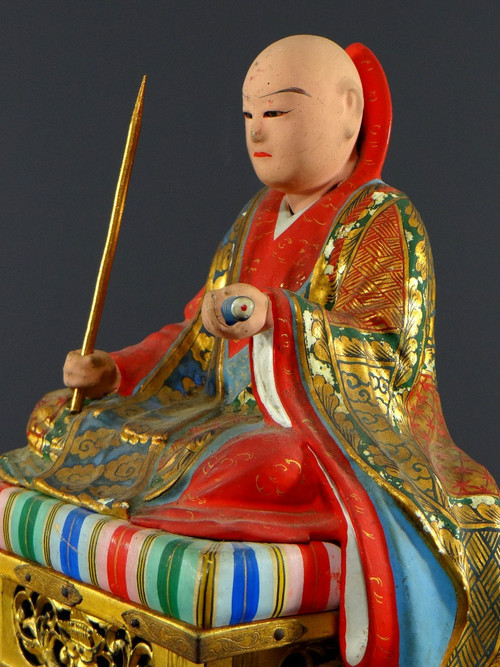 Japan, Early 20th Century, Wooden And Polychrome Plaster Statue Of The Nichiren Monk Shonin.