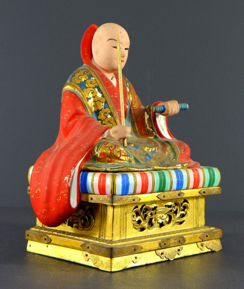 Japan, Early 20th Century, Wooden And Polychrome Plaster Statue Of The Nichiren Monk Shonin.