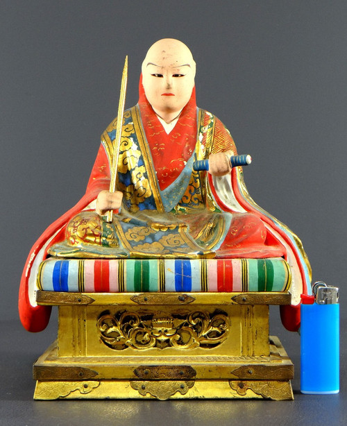 Japan, Early 20th Century, Wooden And Polychrome Plaster Statue Of The Nichiren Monk Shonin.