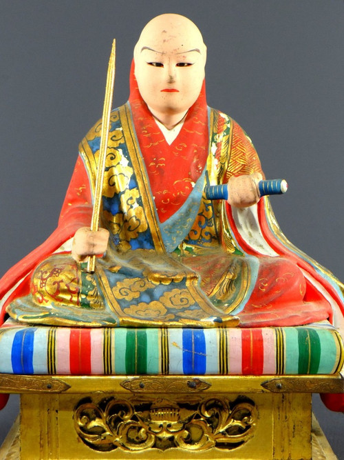 Japan, Early 20th Century, Wooden And Polychrome Plaster Statue Of The Nichiren Monk Shonin.