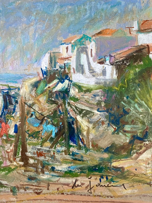 Du Janerand (Daniel), Peintre Français (1919-1990), Pastel Village Sur La Côte Méditérannéenne.