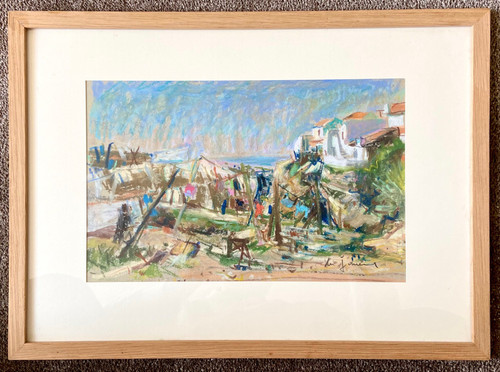 Du Janerand (Daniel), Peintre Français (1919-1990), Pastel Village Sur La Côte Méditérannéenne.