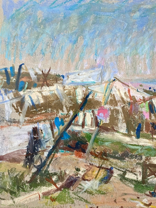 Du Janerand (Daniel), Peintre Français (1919-1990), Pastel Village Sur La Côte Méditérannéenne.