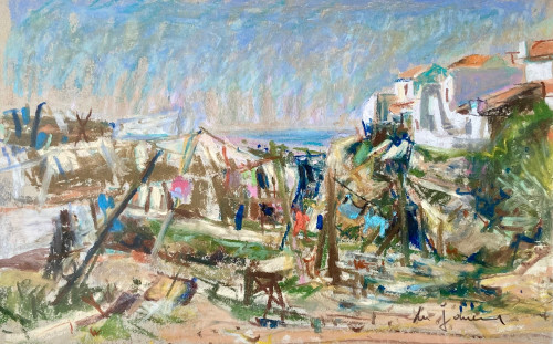 Du Janerand (Daniel), Peintre Français (1919-1990), Pastel Village Sur La Côte Méditérannéenne.