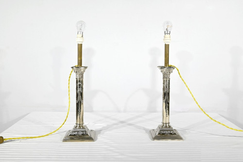 Pair of Electrified Torches in Silver Metal – Mid-19th Century