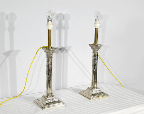 Pair of Electrified Torches in Silver Metal – Mid-19th Century