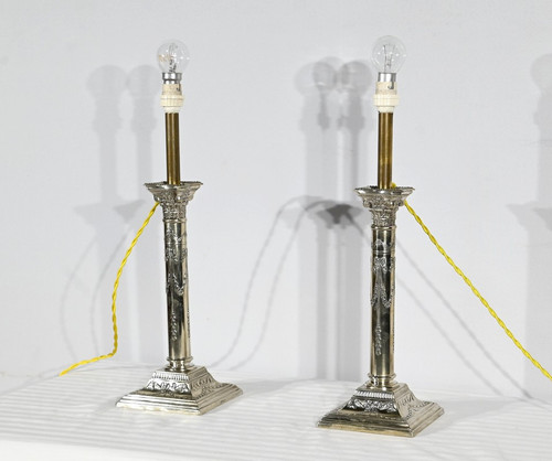 Pair of Electrified Torches in Silver Metal – Mid-19th Century