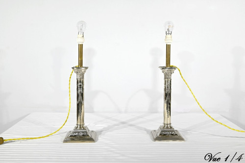 Pair of Electrified Torches in Silver Metal – Mid-19th Century