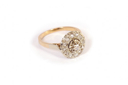 Bague cible circulaire diamants en platine et or 18k, bague ancienne, bague diamants taille rose