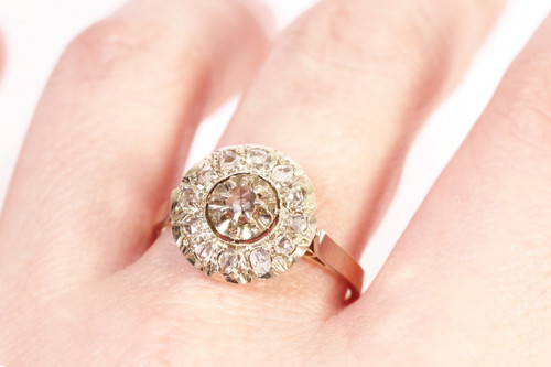 Bague cible circulaire diamants en platine et or 18k, bague ancienne, bague diamants taille rose