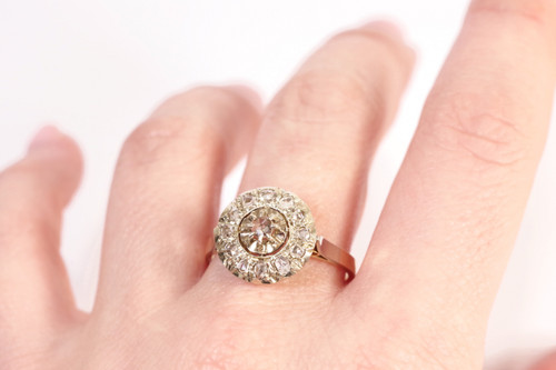 Bague cible circulaire diamants en platine et or 18k, bague ancienne, bague diamants taille rose