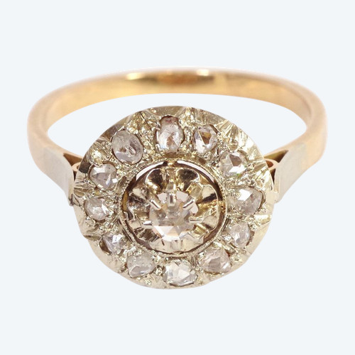 Bague cible circulaire diamants en platine et or 18k, bague ancienne, bague diamants taille rose