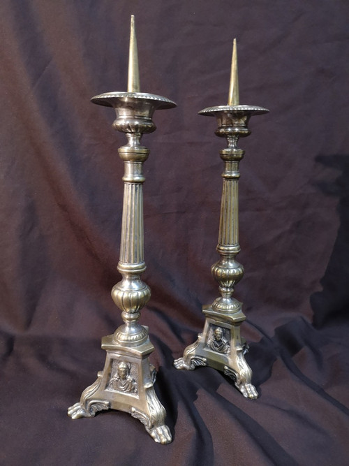 Pair Of Candlesticks In Silvered Bronze. 19th century