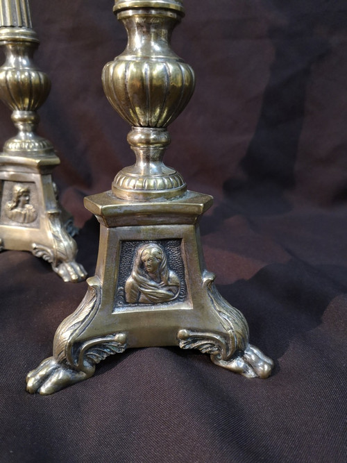 Pair Of Candlesticks In Silvered Bronze. 19th century