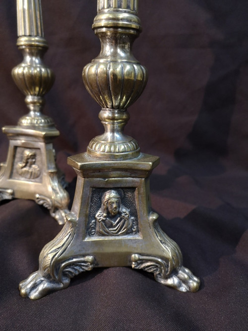 Pair Of Candlesticks In Silvered Bronze. 19th century