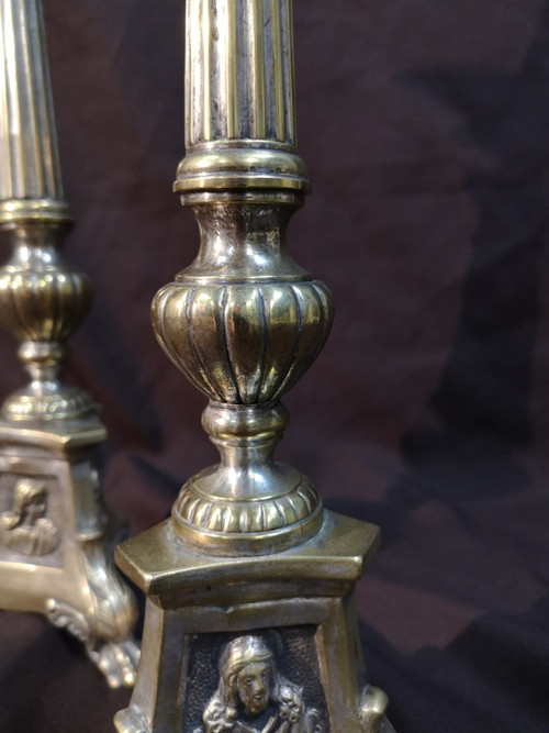 Pair Of Candlesticks In Silvered Bronze. 19th century