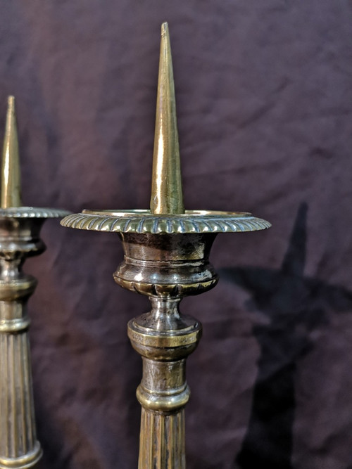 Pair Of Candlesticks In Silvered Bronze. 19th century