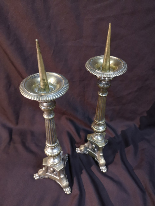 Pair Of Candlesticks In Silvered Bronze. 19th century