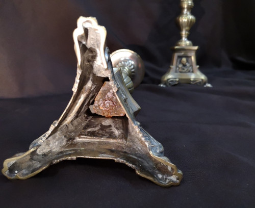 Pair Of Candlesticks In Silvered Bronze. 19th century