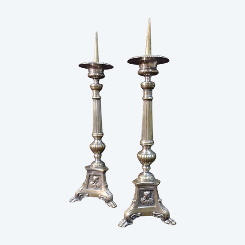 Pair Of Candlesticks In Silvered Bronze. 19th century