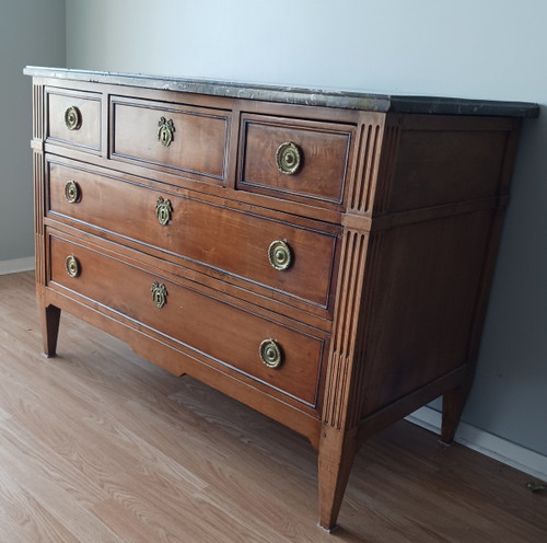 France, 18th century - large neoclassical chest of drawers - mahogany finish, gilded bronzes and Flanders marble