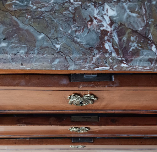 France, 18th century - large neoclassical chest of drawers - mahogany finish, gilded bronzes and Flanders marble