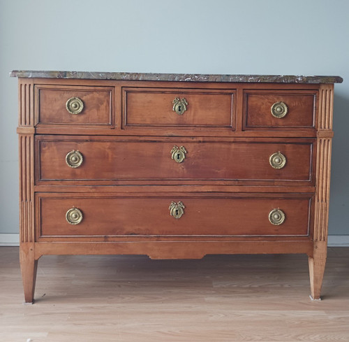 France, 18th century - large neoclassical chest of drawers - mahogany finish, gilded bronzes and Flanders marble