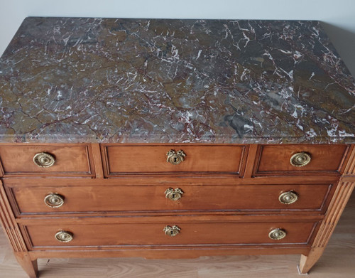 France, 18th century - large neoclassical chest of drawers - mahogany finish, gilded bronzes and Flanders marble