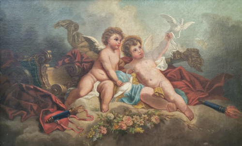 Oil on canvas - "Two cherubs with doves"