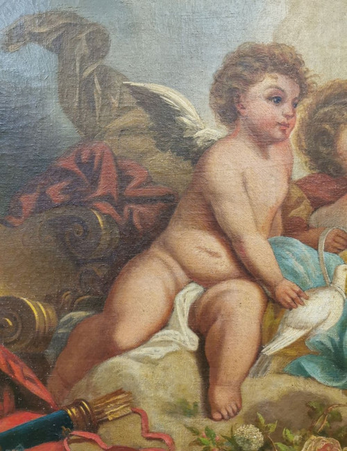 Oil on canvas - "Two cherubs with doves"