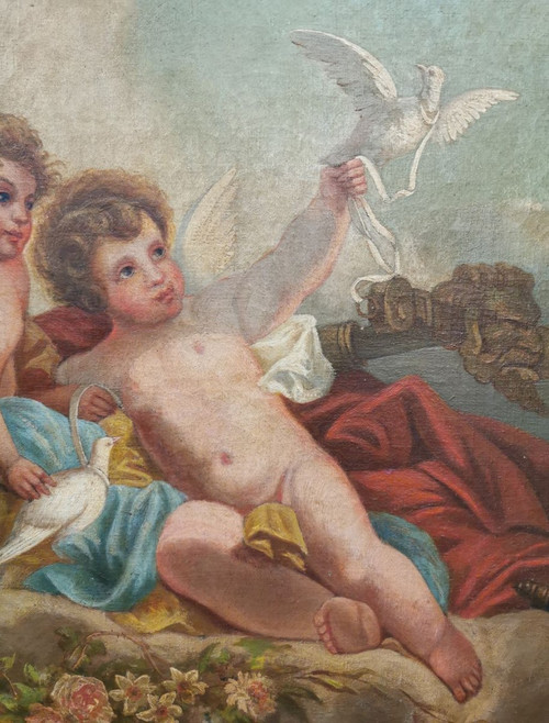 Oil on canvas - "Two cherubs with doves"