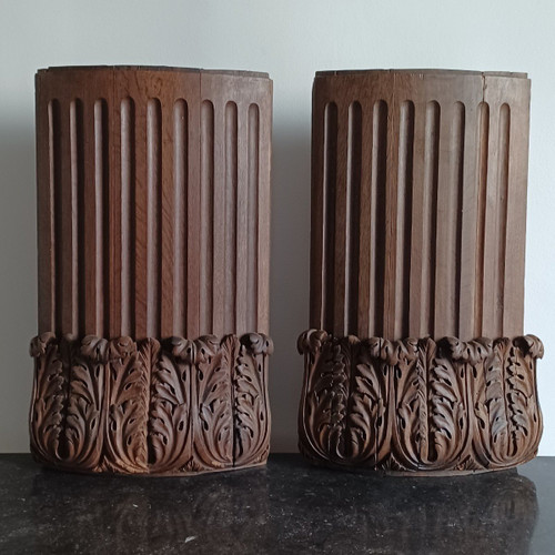 Pair of large pilaster capitals - woodwork - natural oak - Louis XVI