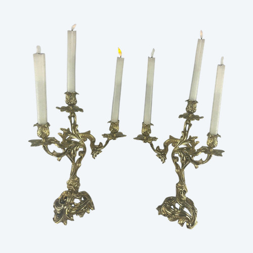 Pair of three-light gilt bronze candelabra