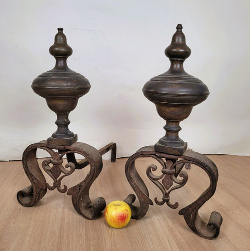 Pair Of Bronze And Wrought Iron Andirons, 19th Century