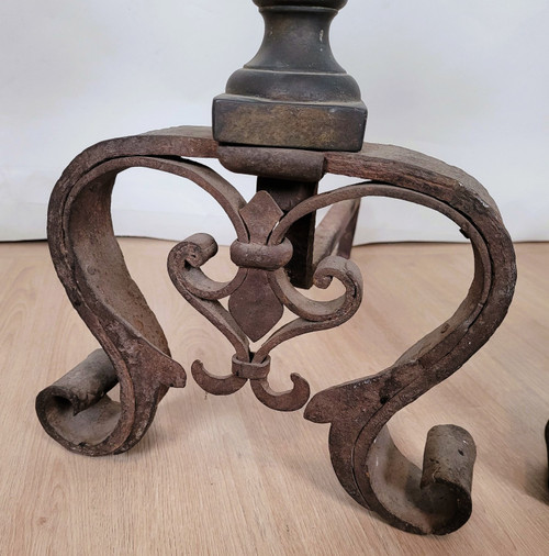 Pair Of Bronze And Wrought Iron Andirons, 19th Century