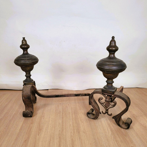 Pair Of Bronze And Wrought Iron Andirons, 19th Century