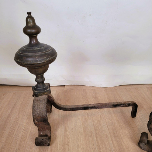 Pair Of Bronze And Wrought Iron Andirons, 19th Century