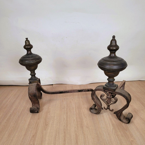 Pair Of Bronze And Wrought Iron Andirons, 19th Century