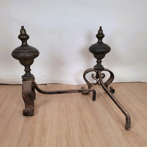 Pair Of Bronze And Wrought Iron Andirons, 19th Century