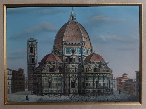 Souvenir du Grand Tour - veduti du Duomo de Florence - cadre en pitchpin époque Louis Philippe