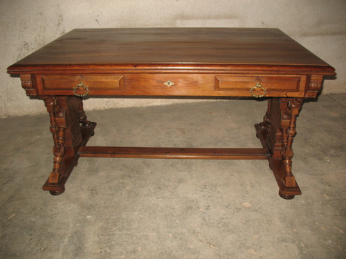 Flat desk in solid blond walnut 19th century Haute Epoque style