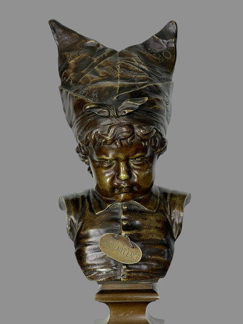 19th CENTURY ANCIENT BRONZE "LE BONNET D'ÂNE LA PENITENCE" AFTER NICOLAS LECORNET