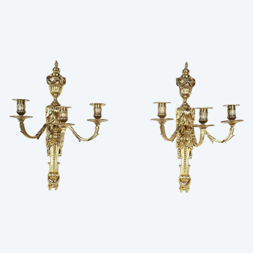 Pair of gilt bronze wall lights, Louis XVI style - Mid-19th century